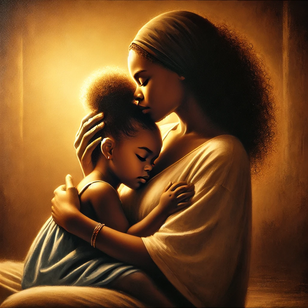 DALL·E 2025-01-31 21.19.17 - A realistic painting of a Black mother embracing her young daughter, radiating love and comfort. The setting is warm and intimate, with soft golden li
