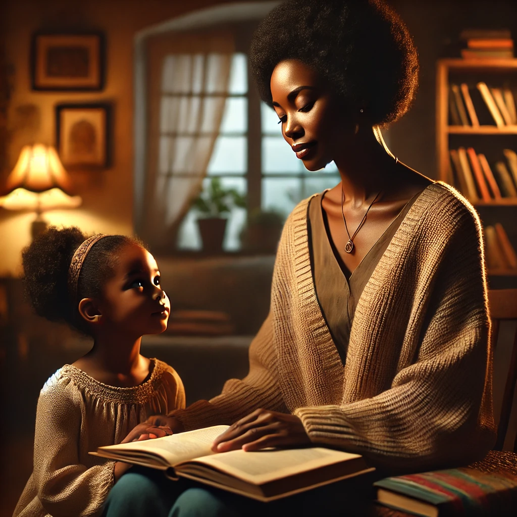 DALL·E 2025-01-31 21.19.23 - A realistic and heartfelt scene of a wise Black mother sitting in a cozy home, reading a book to her young daughter. Her expression is calm and knowin