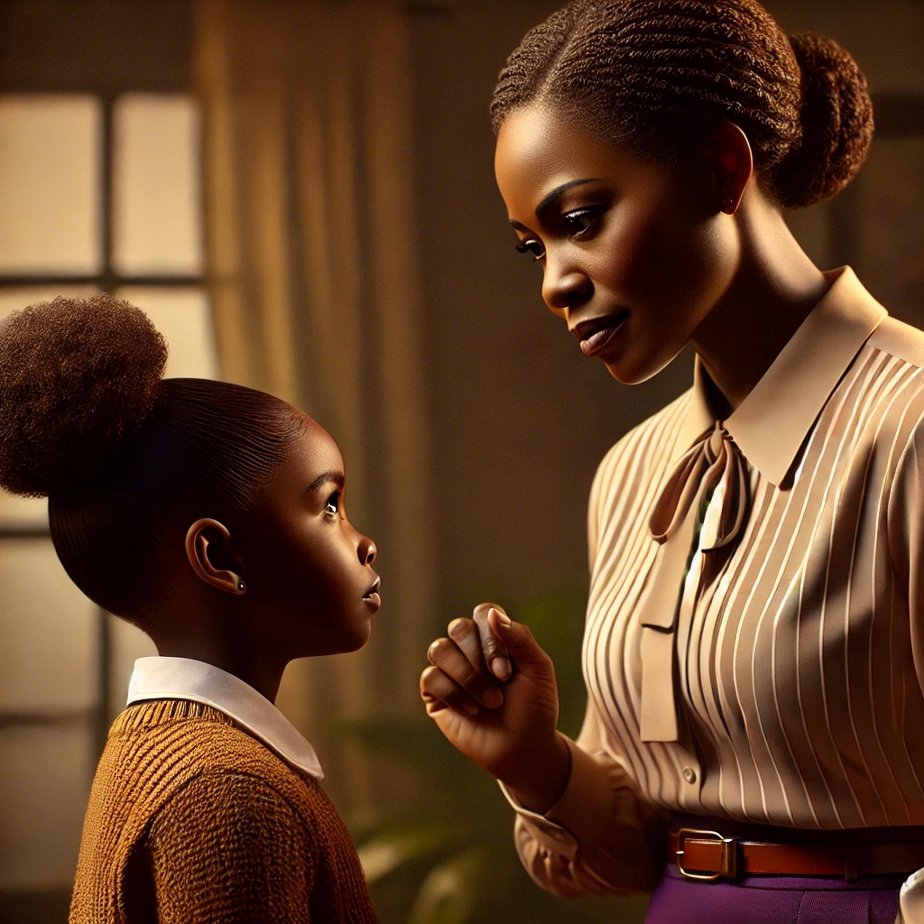 DALL·E 2025-01-31 21.26.29 - A realistic and powerful depiction of a strong Black mother disciplining her young daughter with love and firmness. She has a composed yet caring expr