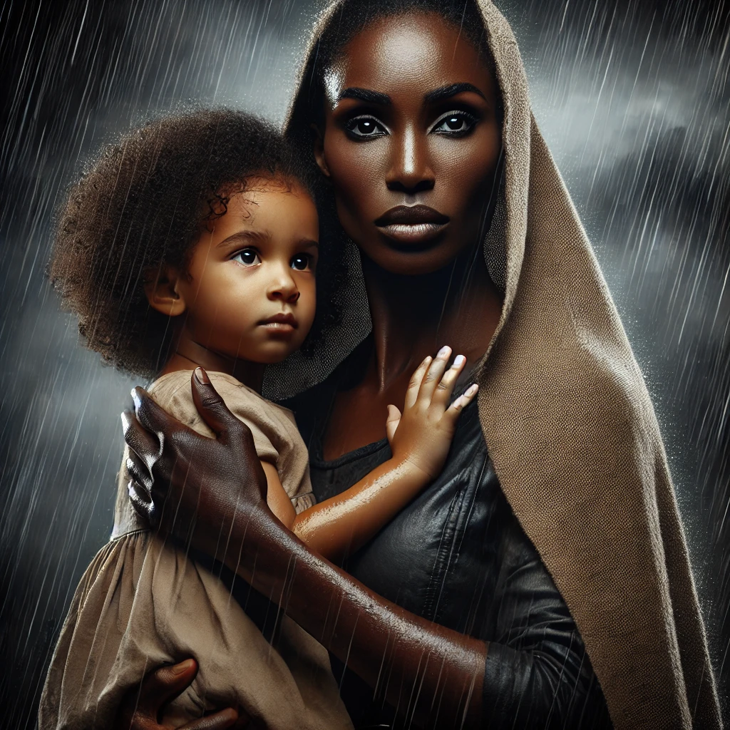 DALL·E 2025-01-31 21.26.33 - A realistic and dramatic scene of a courageous Black mother standing tall, shielding her young daughter from a storm. Her expression is fierce and pro