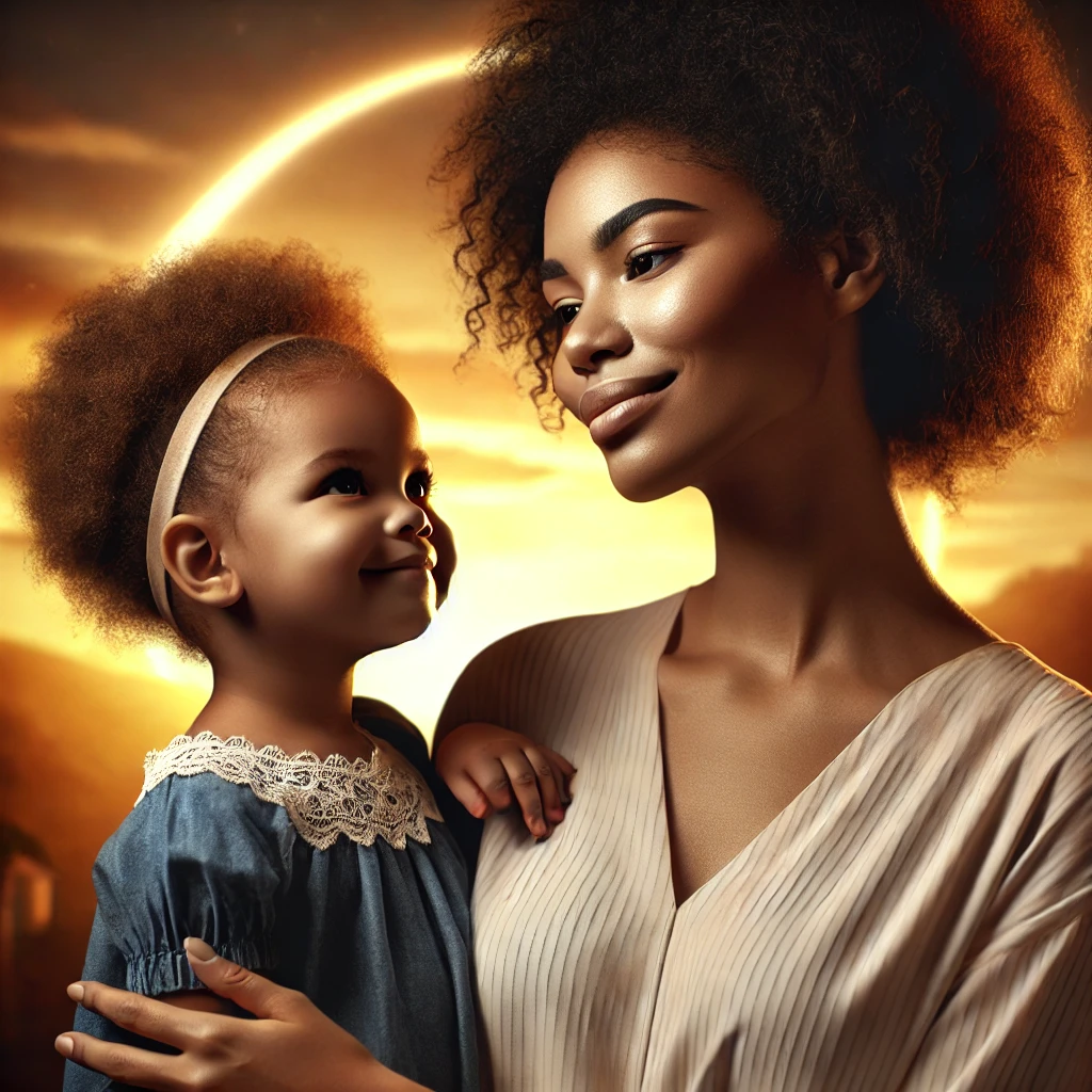 DALL·E 2025-01-31 21.26.36 - A realistic and emotional portrait of a proud Black mother standing beside her young daughter, looking at her with admiration and joy. The background