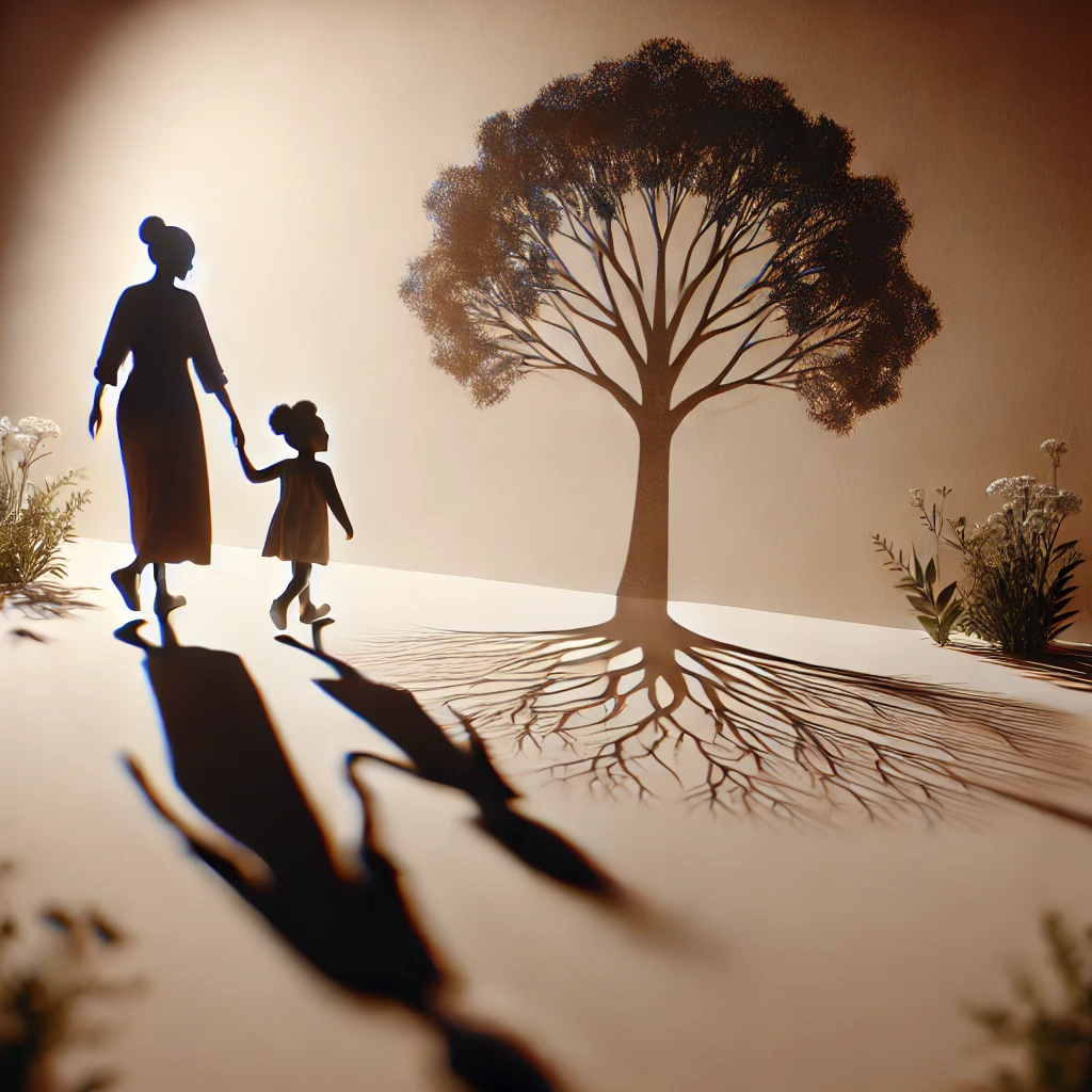 DALL·E 2025-01-31 21.26.39 - A realistic and poetic image of a Black mother walking down a path, her young daughter holding her hand. Their shadows form the image of a tree, symbo